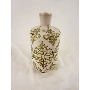 Decorative Ceramic Vase Green Scroll Pattern Cream Glazed 8" Modern Home Decor
